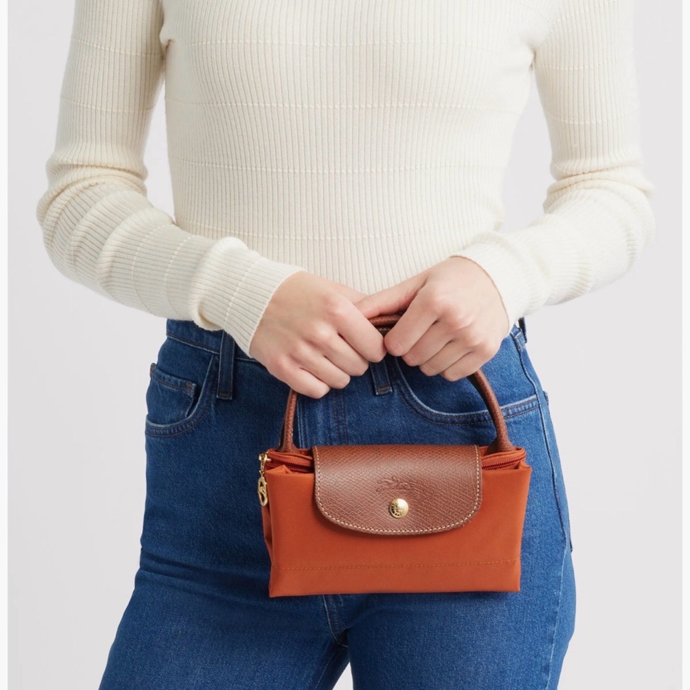 Longchamp Orange Mini Tote with Brown Leather Trim